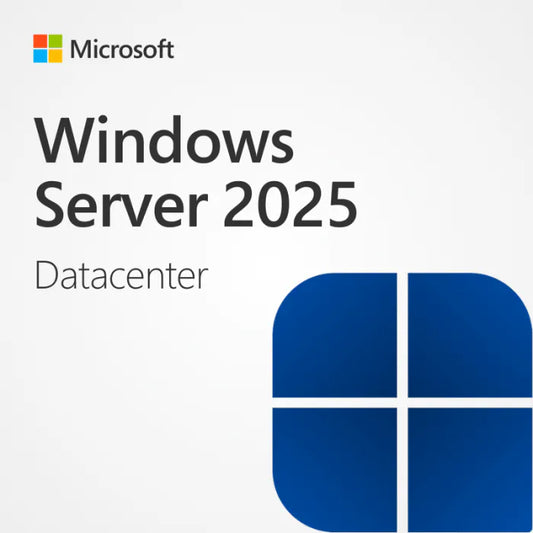 Microsoft Windows Server 2025 Datacenter 24-core box art and licence artwork for three devices